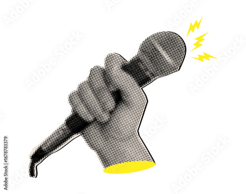 Halftone collage hand holding microphone  recording podcast concept