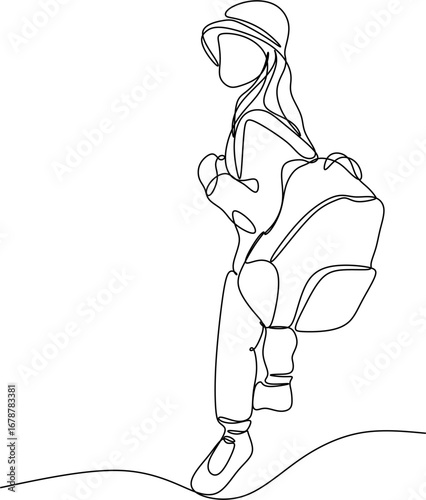 Abstract line drawing of a schoolboy walking with a backpack
