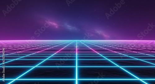 A futuristic retro-wave scene featuring a glowing blue and purple grid stretching toward a vibrant, neon-lit horizon