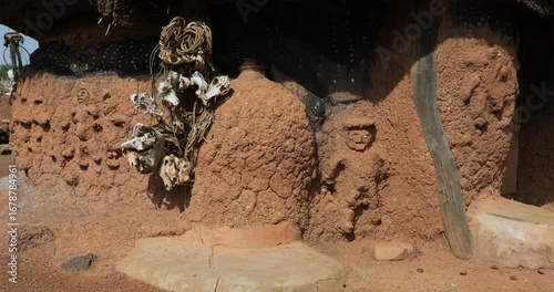 Animals skulls on a Senufo fetish house, Savanes district, Niofoin, Ivory Coast