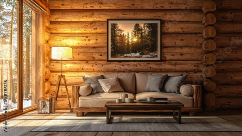 A warmly lit log cabin interior features a comfortable living area. A large, beige sofa sits against a textured log wall, adorned with several pillows and a wooden coffee table. 