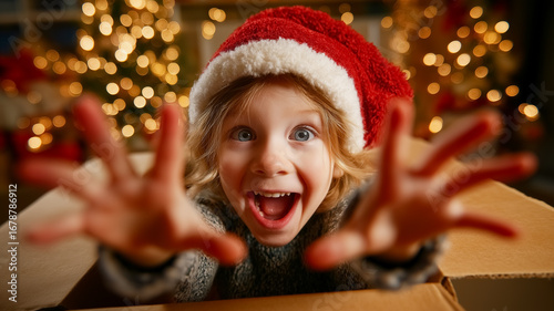 Child wearing Santa hat joyfully reaches out from large cardboard box filled with gifts. Warmly lit room with Christmas decorations creates festive atmosphere