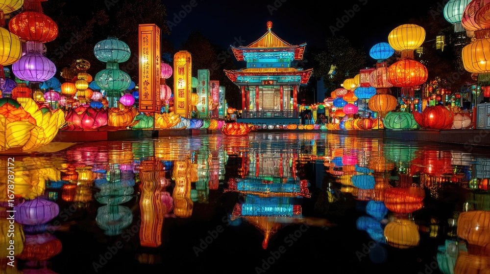 Fototapeta premium festive lanterns illuminate the night, creating a vibrant reflection in the water