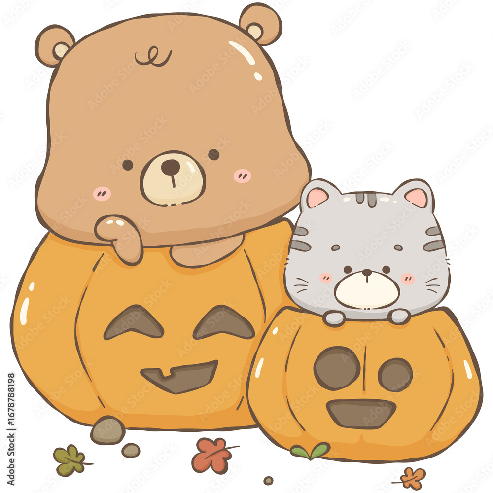Obraz premium Teddy and kitten in pumpkins 