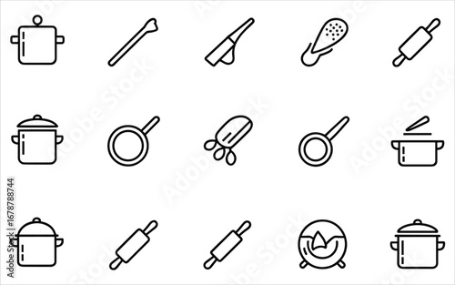 Assorted Kitchen Utensils and Cookware Icons in Black Outline cooking