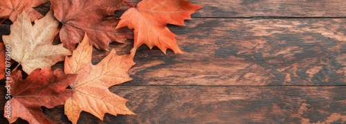 Vibrant red and orange maple leaves scattered on warm brown wooden surface in autumn season
