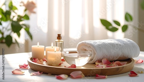 Spa Setting with Towel, Aromatherapy Candles, Oil, and Rose Petals