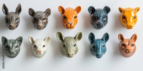 A collection of nine ceramic animal head wall decorations is displayed against a white background. The animal heads are rendered in a variety of colors including gray, brown, orange, yellow, blue