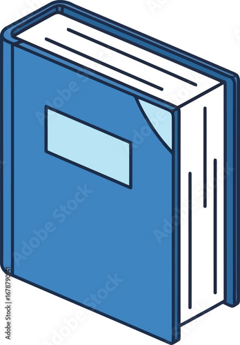 Closed blue hardcover book with blank label on cover isometric view vector