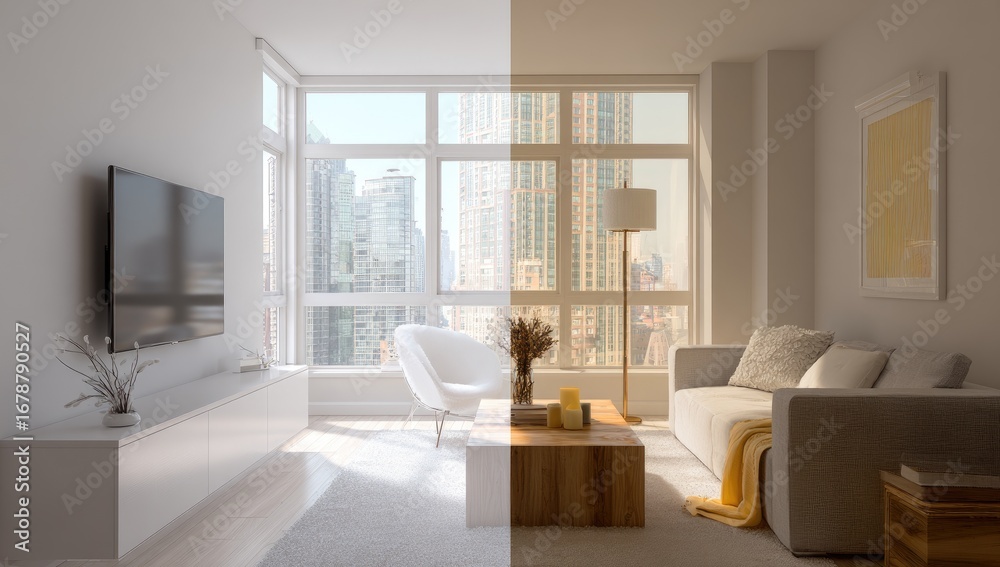 Fototapeta premium Modern apartment split view, contrasting lighting