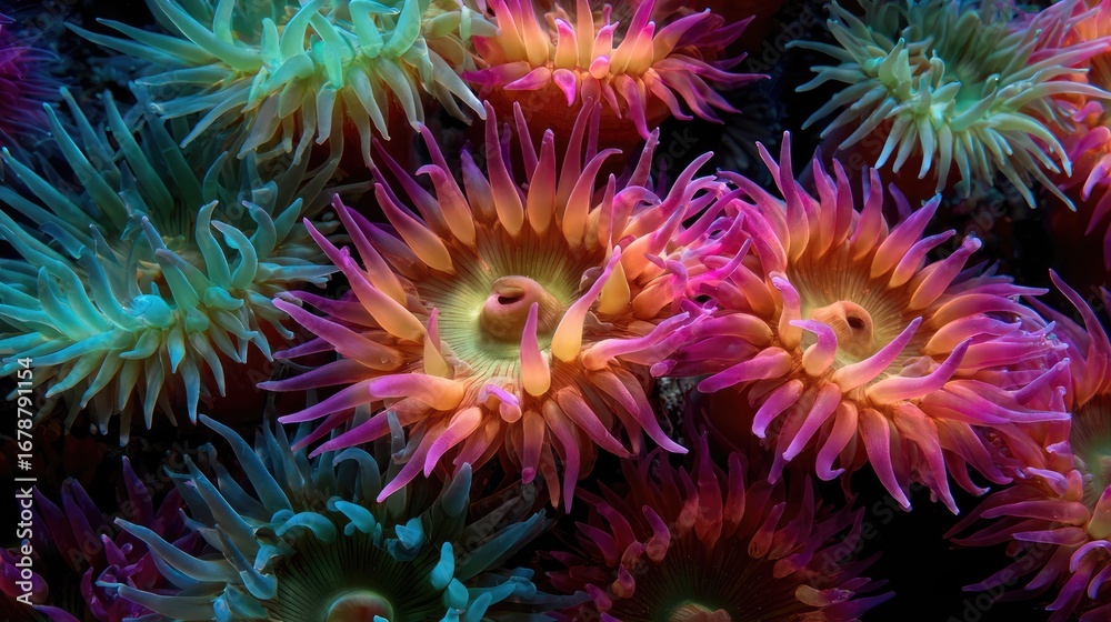 Fototapeta premium a vibrant array of colorful sea anemones in their underwater habitat, with detailed textures and colors