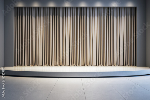 Wallpaper Mural Modern empty stage with beige curtains and spotlight lighting in a minimalist room interior for product presentation or branding concept backdrop. 3D Rendering Torontodigital.ca