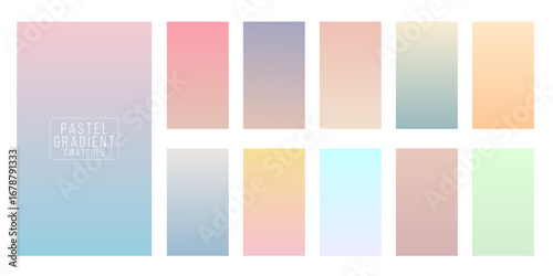 Pastel gradient swatches set. Soft color transitions in pink, blue, green, yellow, and peach tones. Collection of smooth vertical gradients for design, UI, or background. Vector illustration