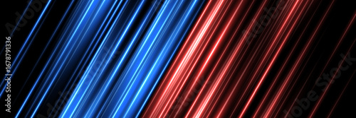 Blue red neon light streaks background. Diagonal glowing lines on black backdrop with dynamic futuristic effect. Abstract vector high contrast design for sci-fi, energy, speed, motion, digital style.