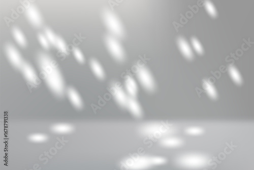 Sunlight shadow background. Soft white light reflections from tree or plant on grey backdrop with natural window light effect. Abstract vector illustration.