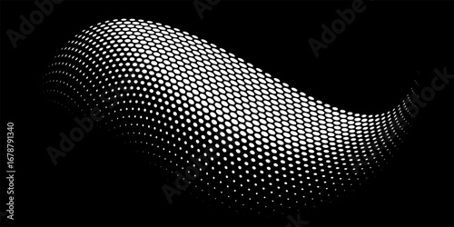 Abstract dotted wave. Halftone curved shape in white color isolated on black background. Curved and twisted gradients form. Trendy graphic vector illustration.