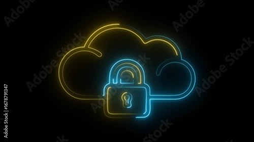 Neon cloud and padlock symbol for cybersecurity and data protection
