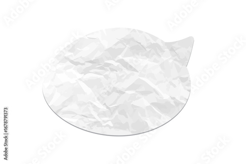 Crumpled paper speech bubble. White wrinkled paper chat icon on transparent background. Realistic texture vector design element for messages, communication, or scrapbooking projects.