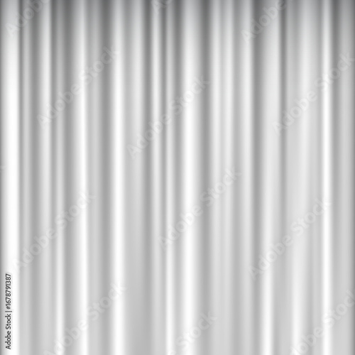 Silver theater curtain background. Closed vertical stage drapes with soft shadows and silky folds. Classic backdrop for presentations, drama scenes, show announcements. Realistic vector banner.