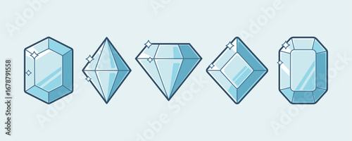 Collection of Five Precious Diamonds in Cartoon Illustration