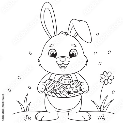 Cute Cartoon Bunny Rabbit Holding Flowers Coloring Page Line Art