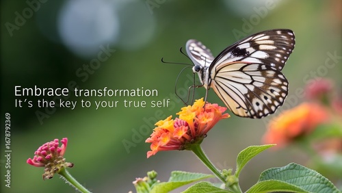 Inspirational quote about transformation with a beautiful butterfly on a flower.