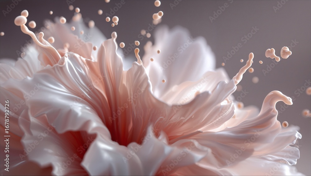 Fototapeta premium Soft pastel pink liquid splash with smooth, flowing waves and droplets suspended in midair against a blurred muted background, artistic and fluid motion freeze frame abstract