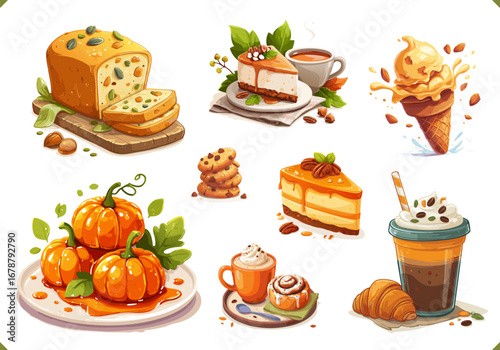 Vector illustration of autumn pumpkin drinks and desserts set with coffee, tea, cookie, cake, bread, cupcakes, ice cream, pumpkin. Vector illustration of fruit autumn dessert on white background