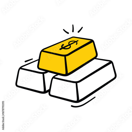 Doodle style gold bars icon for finance, wealth, banking, investment, savings.