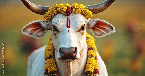 Close-up of a decorated cow, possibly for a festival in India, showcasing the cultural reverence for the animal.