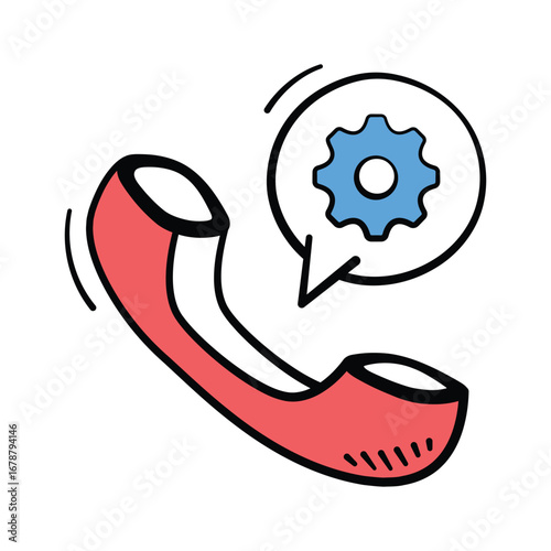 A hand drawn style telephone icon with a speech bubble containing a gear, conveying customer service and technical support.