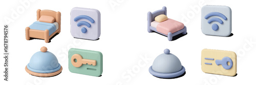 Hotel Service Icons: Bed, Wi-Fi, Key Card, Bell. Modern 3D Icon Set