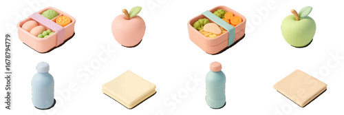 Bento Box with Apples and Water Bottles. Modern 3D Icon Set