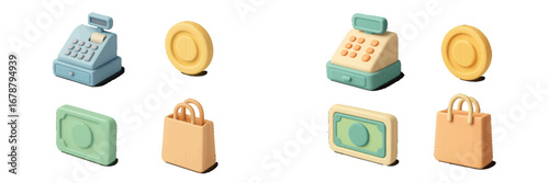 Isometric icons for commerce and finance with cash register, shopping bag, banknote, and coin. Modern 3D Icon Set
