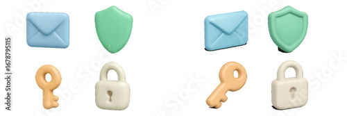 Digital security symbols: envelope, shield, key, lock. Modern 3D Icon Set