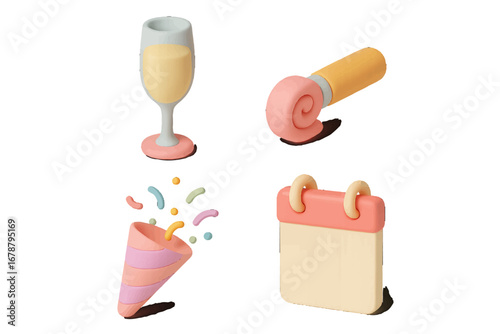 Celebration Icons: Champagne, Party Popper, Calendar, Confetti. Modern 3D Icon Set