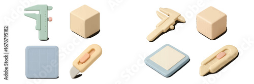 Isometric crafting tools and measuring supplies in soft pastel colors. Modern 3D Icon Set