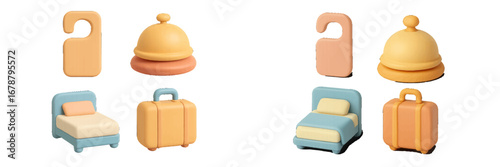 Hotel Service Icons: Do Not Disturb Sign, Bell, Bed, and Luggage. Modern 3D Icon Set