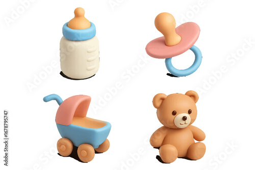Baby items collection: teddy bear, bottle, pacifier, stroller. Modern 3D Icon Set