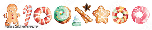 watercolor illustration of Christmas and New Year decorations: holly leaves, pinecone, gingerbread, sweets, biscuit, gingerbread man, Christmas tree, snowflake, anise, holly, candy cane