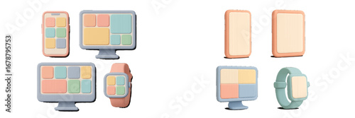 Modern digital devices with colorful app icons, flat design. Modern 3D Icon Set
