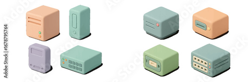 Isometric computer hardware icons, server, network equipment, data storage devices. Modern 3D Icon Set