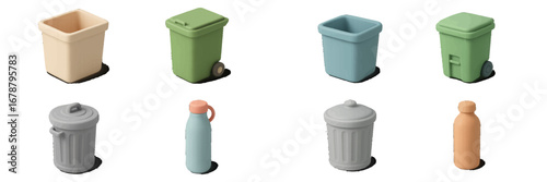 Colorful trash cans and reusable bottles in isometric view. Modern 3D Icon Set