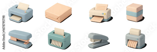 Supplies Collection: Printer, Paper Shredder, Stapler, and Paper Stack. Modern 3D Icon Set