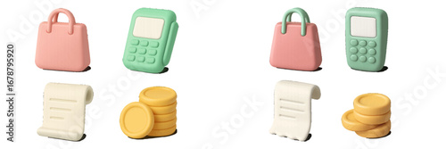 Shopping bag, payment terminal, receipt, and coins. Modern 3D Icon Set