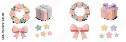 Cute pastel gift boxes with floral wreaths and bows, festive celebration elements. Modern 3D Icon Set