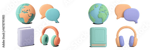 Global Communication and Learning Icons: Earth, Chat, Books, Headphones. Modern 3D Icon Set