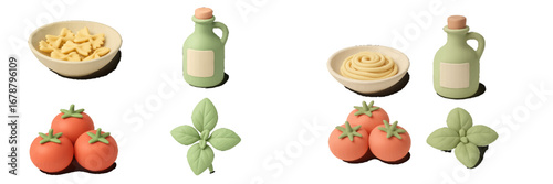 Pasta ingredients with tomatoes, basil, and olive oil. Modern 3D Icon Set
