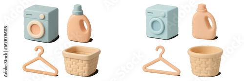 Washing machine, detergent, hanger, and basket for laundry. Modern 3D Icon Set