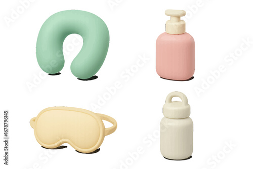 Travel comfort items: neck pillow, eye mask, toiletries bottles. Modern 3D Icon Set